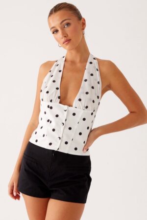 WHITE POLKA DOT HALTERNECK TOP